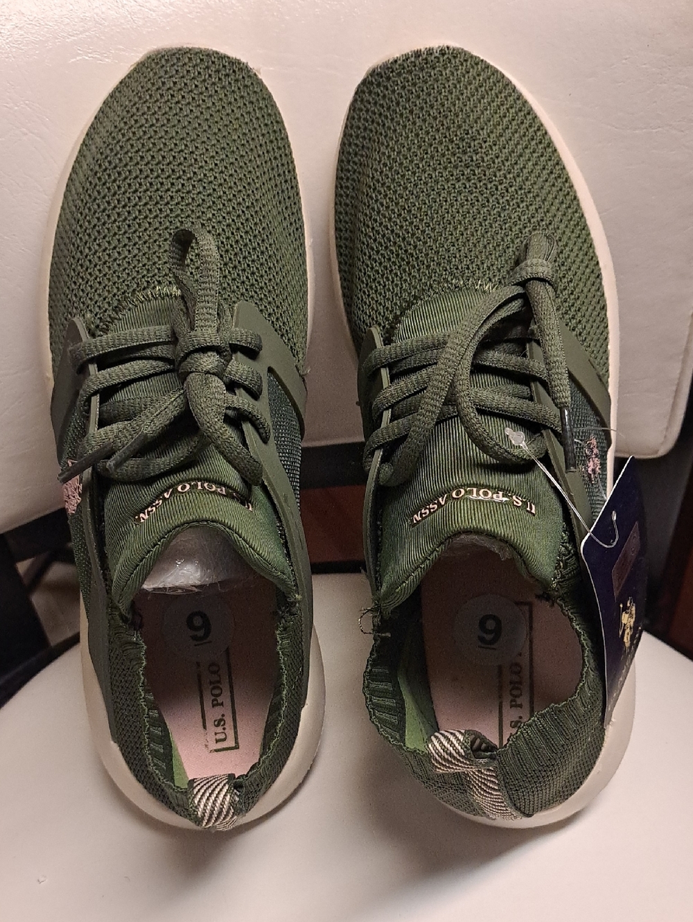 U.S. Polo Assn. Olive Green Knit Lace-Up Sneakers with White Sole and Pink Logo